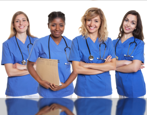 Group of four nurses on an isolated white background for cut out